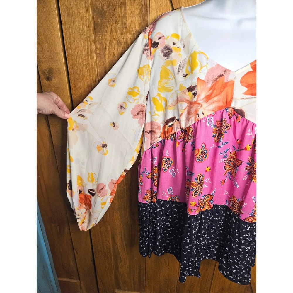 Boho‎ Floral Tiered Babydoll Tunic Top Balloon Sleeve Multi Color 1XL #585